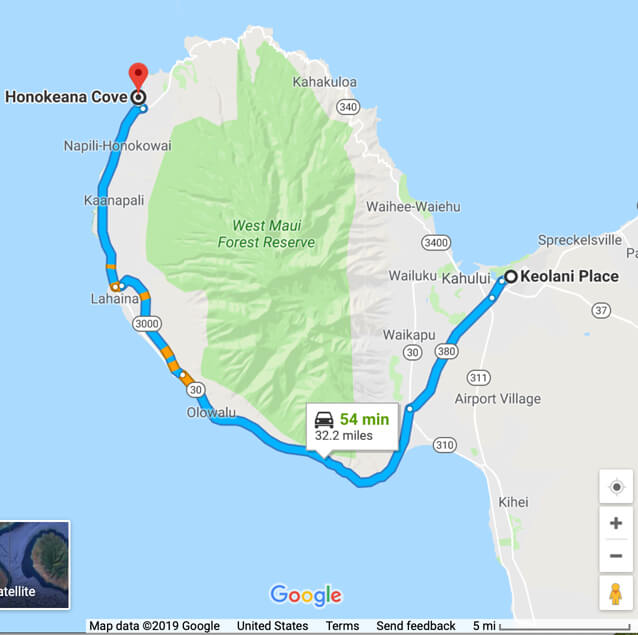 Driving route to Honokeana Cove